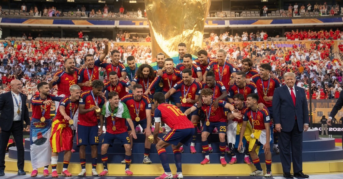 maddenifico's tweet photo. This is so fucking embarrassing. The loathsome piece of shit acted like he was part of the team, lingering on the stage while Spain was celebrating their World Cup victory. The right arm you see in the photo is FIFA's Gianni Infantino desperately trying to get Trump to leave. https://t.co/xG8iDXp3Fw