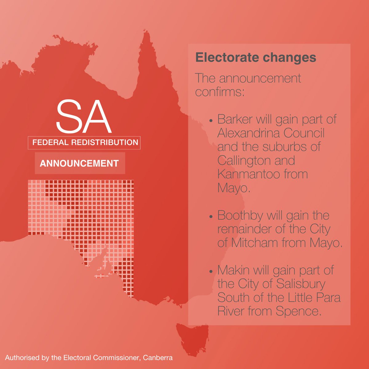 AusElectoralCom's tweet photo. The final results for the SA redistribution have been published, with changes occurring to both boundaries and an electorate name.

- https://t.co/lqZx3M2kt7
- https://t.co/rhQtWlyvIB https://t.co/7zss6IEFSr