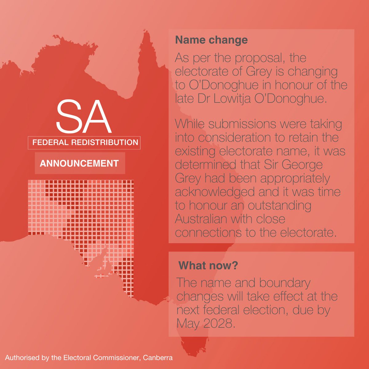 AusElectoralCom's tweet photo. The final results for the SA redistribution have been published, with changes occurring to both boundaries and an electorate name.

- https://t.co/lqZx3M2kt7
- https://t.co/rhQtWlyvIB https://t.co/7zss6IEFSr