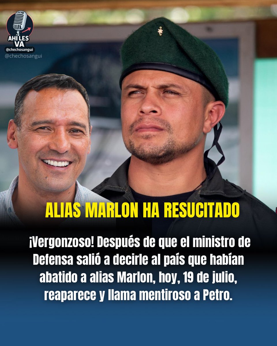 chechosangui's tweet photo. 🚨 Una vergüenza absoluta. En junio, el Gobierno de Gustavo Petro anunció como un gran golpe contra las disidencias que alias Marlon había sido abatido y presentó la operación como un éxito.

📹 Hoy, alias Marlon reapareció junto a alias Ñeque en un video, asegurando que sigue vivo y calificando de “noticias falsas” los anuncios sobre sus supuestas muertes.

❓El cuerpo de alias Marlon nunca fue recuperado y, posteriormente, el propio Ministerio de Defensa reconoció que no había sido posible confirmar plenamente su muerte. Su reaparición vuelve a generar fuertes cuestionamientos sobre aquel anuncio oficial.