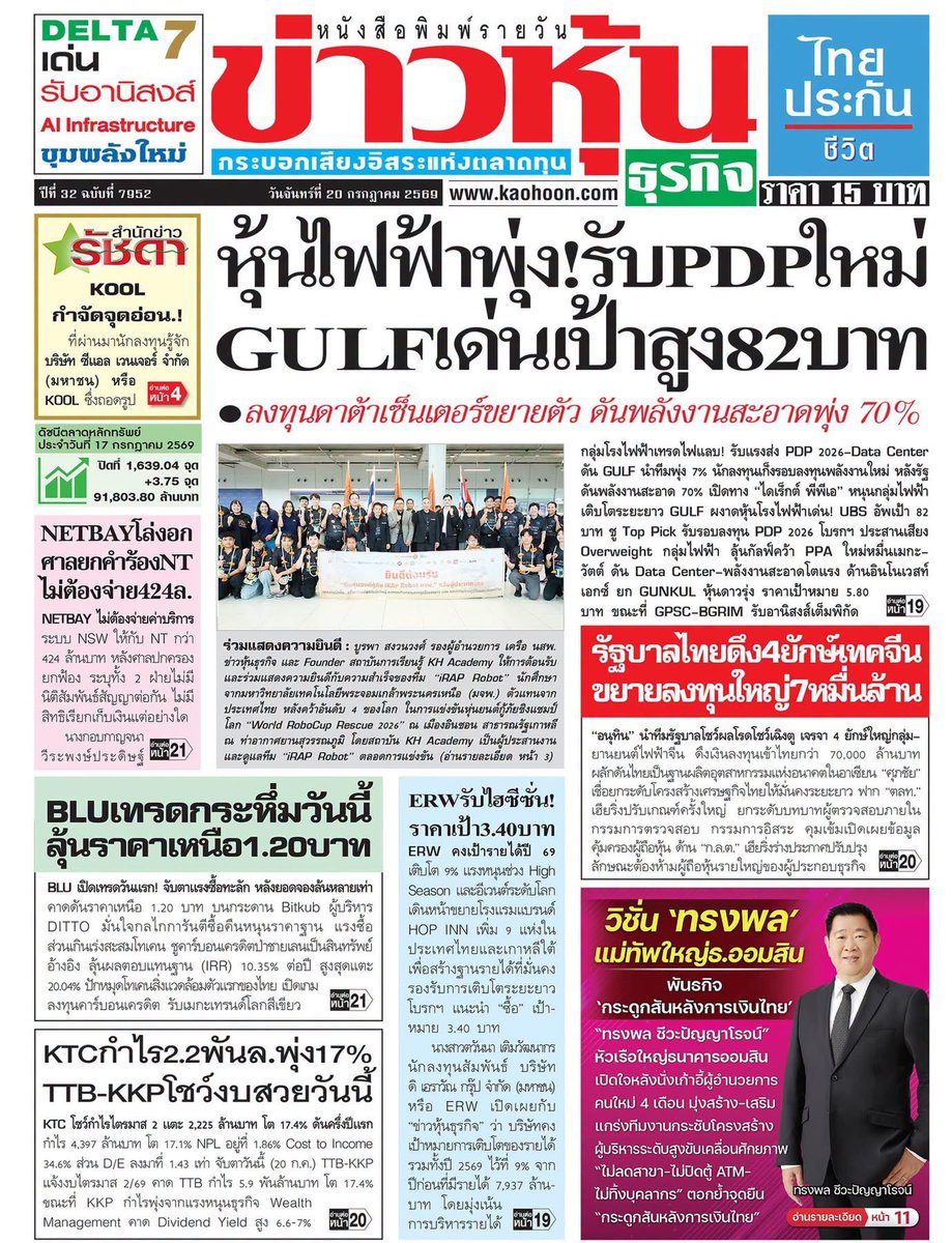 motorwars's tweet photo. หน้า 1 หนังสือพิมพ์ฉบับต่างๆเช้านี้
แนวหน้า ประชาชาติธุรกิจ ข่าวหุ้น ทันหุ้น
วันที่ 20 กรกฎาคม 2569
20 July 2026
#Thailand #newspaper #frontpage https://t.co/k2f0bcy49a