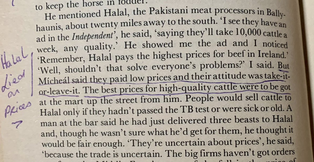 EoinLenihan's tweet photo. Seeing that - surprise, surprise - halal slaughter in Ireland is unimaginably barbaric, I though it fitting to include what Desmond Fennell wrote about the Halal Meats plant in Ballyhaunis in "A Connacht Journey", published in 1987.

Despite the rewriting of history now to make it sound like the Halal plant in Mayo was an early and joyous contact with Islam and foreign investment, farmers Fennell met in the area said that despite promises made on giving best prices in print media, in person, it was a different story:

"They paid low prices and their attitude was take-it-or-leave-it."

More importantly, according to local farmers, their acquisition quality standards matched their dispatch standards:

"People would sell cattle to Halal only if they hadn't passed the TB test or were sick or old."

Halal slaughter is and always was barbaric and as Fennel recorded nearly 40 years ago, meat quality is an afterthought. 

Halal has no place in Ireland. 
👇👇👇