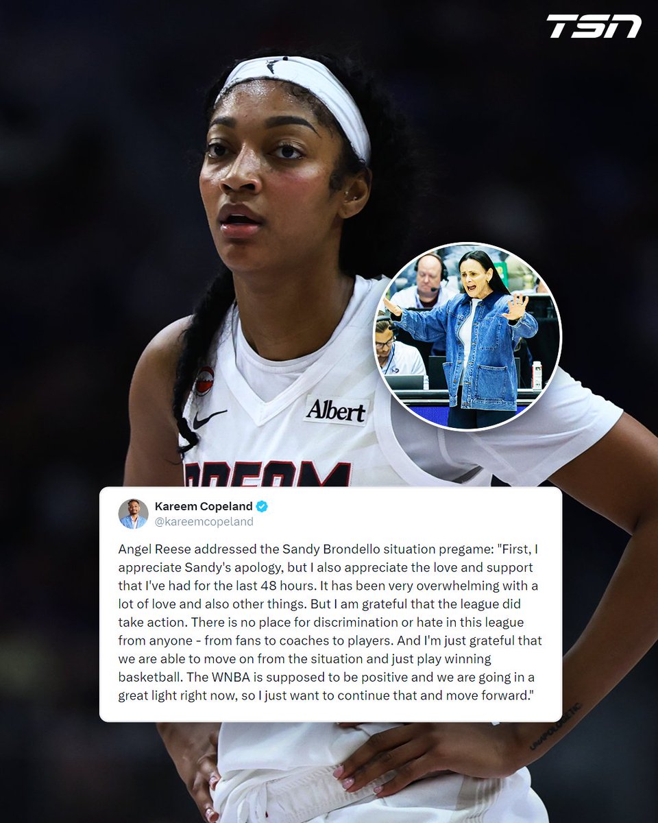 TSN_Sports's tweet photo. Angel Reese says she 'appreciates' Sandy Brondello's apology for what the WNBA described as "an inappropriate comment" and that she hopes to move forward with positivity. https://t.co/4DnSCcNzKa