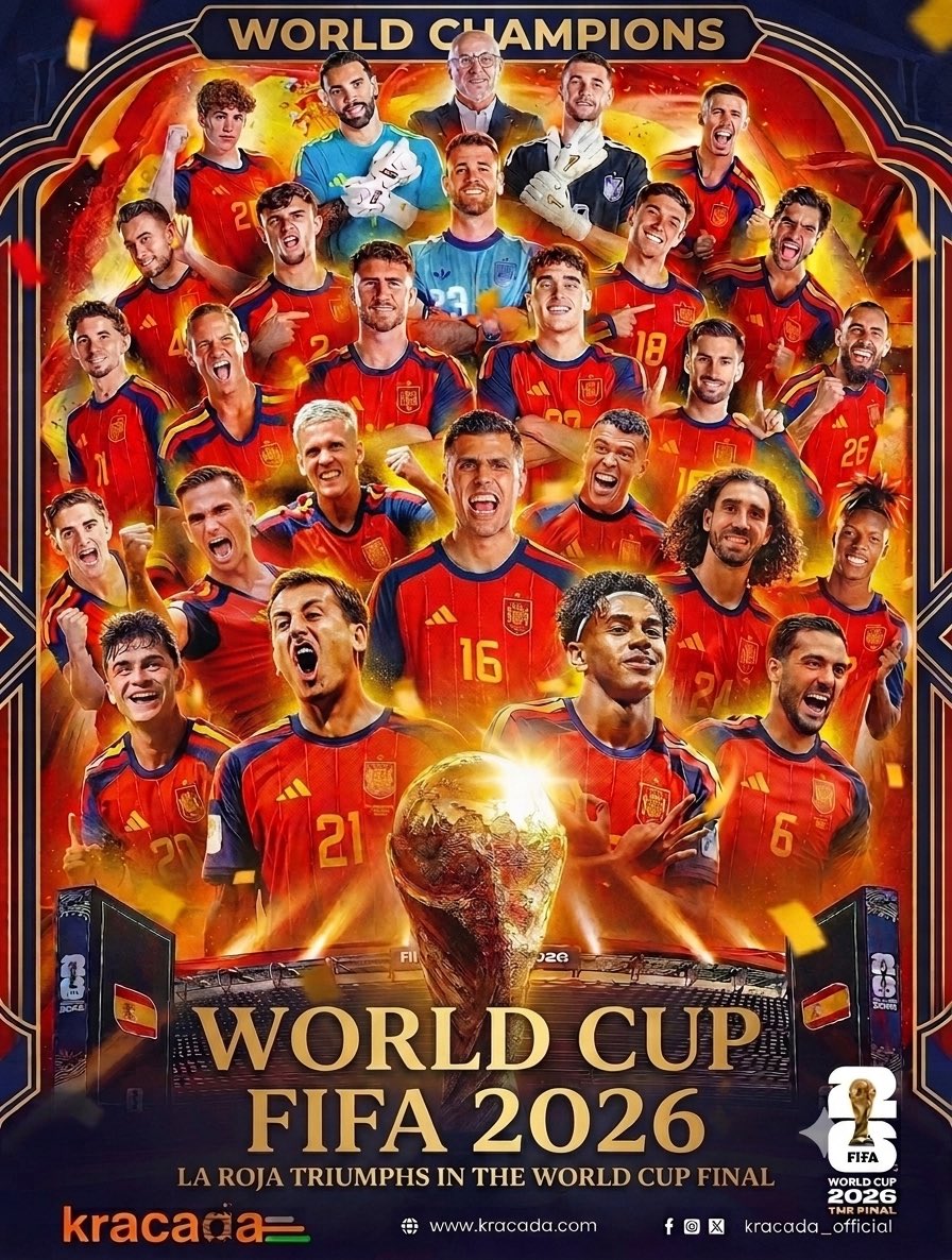 kracadaOfficial's tweet photo. Spain have officially been crowned 2026 FIFA World Cup champions following an epic Final, claiming another major title for their football legacy.

#FIFA2026 #LAROJA https://t.co/pFpMmpJfax