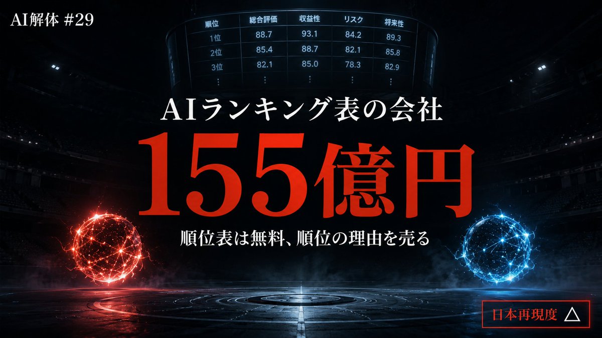 ai_kaitai's tweet photo. AIの世界で一番参照されているランキング表は、大学の研究室から生まれた無料サイトです。

これを運営するArenaという会社があり、日本での再現度は△だと思います。ただ、稼ぎ方の構造は日本人なら誰でも知っているものでした。売っているのはAIではなく「順位の裏側のデータ」です。

やっていることは単純で、サイトに来た人が2つのAIに同じ質問をぶつけ、どちらの答えが良いか投票する。この積み重ねが1,000万件を超え、世界中のAI企業が一喜一憂するランキングになりました。ランキング自体は今も無料です。

では何で稼ぐか。AI会社に「あなたのモデルはどこで、誰に負けているか」の詳細データを売ります。この有料サービス、開始8ヶ月で年間換算の売上が約155億円。1月の約47億円から半年で3倍になりました。

仕組みを素人語で言うと「食べログが、飲食店に採点の内訳を売る」です。採点する客は無料で集まり、採点される店がお金を払う。審査員をタダで確保できた者が勝つ、格付けビジネスの古典だと思います。

日本の壁は、格付けの信用が一極集中でしか成り立たないことです。2位のランキング表に価値はなく、世界版が既にある以上、同じ土俵は無理筋。狙えるのは日本語特化の評価、医療や法務など業界特化の格付け、そして「AI選定に迷う企業の目利き代行」だと思います。

順位表は無料で配り、順位の理由を売る。審査員が集まる場所を押さえた者が、AI時代の元締めになるのだと思います。

#AI解体