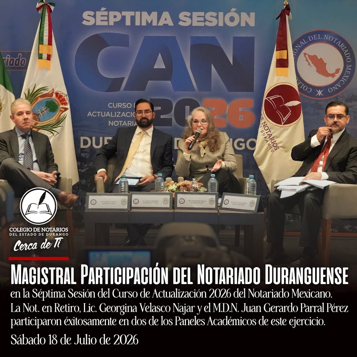 NotariosDurango's tweet photo. #Durango estuvo representado en la 7a. Sesión del #CAN2026 con la Not. en Retiro Georgina Velasco Najar, en el Panel “El CNPCyF y las Personas con Discapacidad” y el M.D.N. @ParralPerez en el Panel “Aspectos de la Función Notarial en la Atención a las personas con Discapacidad”. https://t.co/Svw1cRKYFv