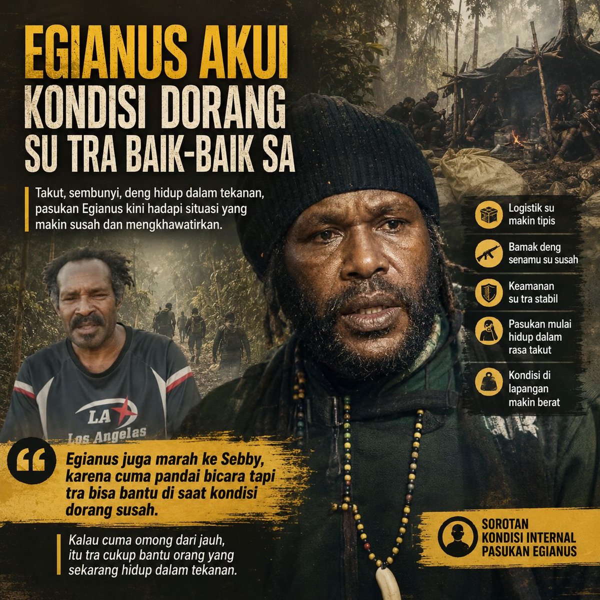 WanimekMurib's tweet photo. Egianus Kogoya akhirnya akui kondisi dorang su tra baik-baik sa. Logistik tipis, pasukan takut, hidup sembunyi terus, ini bukti jalan kekerasan cuma bikin susah rakyat. Tong dukung pemerintah jaga Papua tetap aman dan damai. #PapuaDamai #PapuaAman #TPNPB #fyp #OPM https://t.co/0kUfDiNMPV