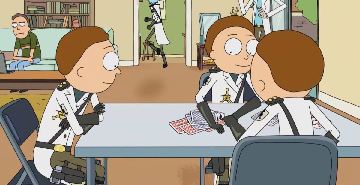 iIike_bread's tweet photo. The Mortys watching their Ricks play and standing next to them, most likely helping them cheat by looking into the other Rick's deck. ONLY taking their turn when the Ricks leave.... Literally trophy wife behavior oh my godness. https://t.co/727qQxaWUh