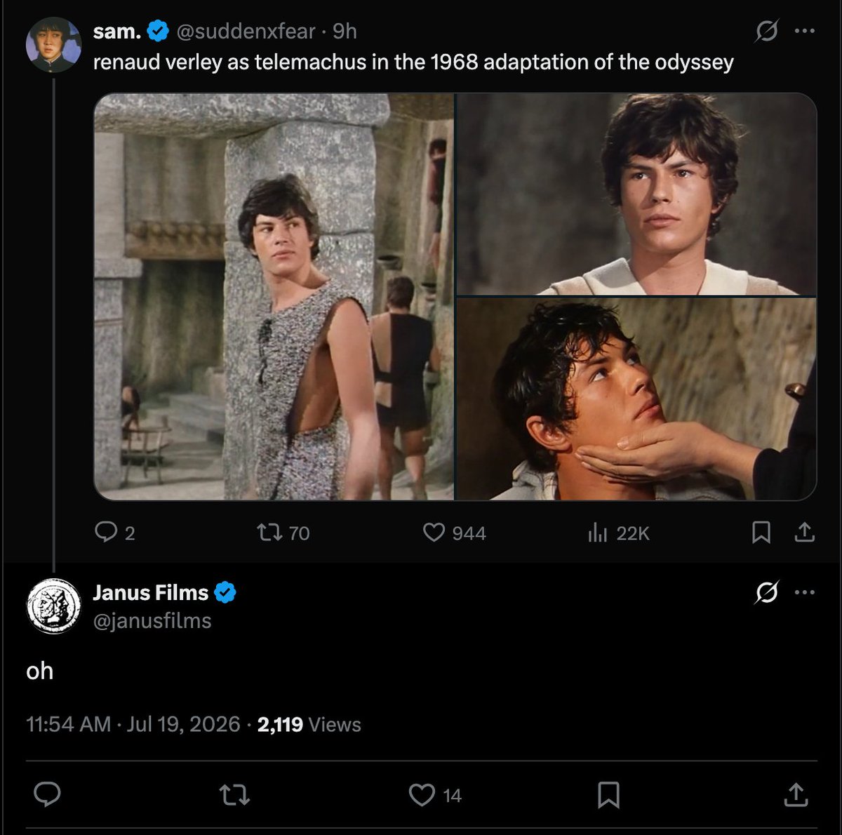 VileHomosexual's tweet photo. I don't like that the Janus Films account gets horny on here. Feels improper. https://t.co/TdYxz8XdzL
