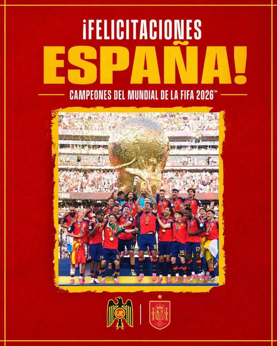 UEoficial's tweet photo. 🇪🇸 ¡Felicidades, campeones del mundo! 🏆🌎

Desde Unión Española saludamos con orgullo a la @SEFutbol por conquistar la Copa Mundial de la FIFA 2026 y alcanzar la segunda Copa del Mundo de su historia. Un logro que llena de alegría a millones de españoles alrededor del mundo y que celebramos con especial emoción por nuestras raíces.

¡Enhorabuena, campeones! ❤️💛