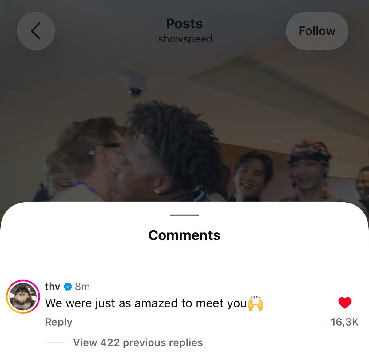 btschartsxdaily's tweet photo. #V liked and commented on Speed's Instagram post about his meeting with Bangtan! ☺️

“We were just as amazed to meet you 🙌” https://t.co/QEgfbC4yfv