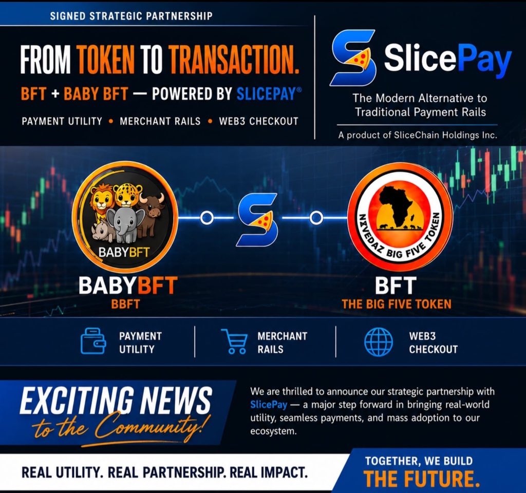 VengieZim's tweet photo. 🚨 BIG ANNOUNCEMENT TO THE NZVEDAZ CRYPTO HUB COMMUNITY! 🚨

We are excited to announce a strategic partnership between BFT, BabyBFT, and SlicePay, marking another major milestone in bringing real world utility to our ecosystem.

This partnership is designed to bridge the gap between crypto and everyday payments, enabling greater adoption through payment utility, merchant integration, and Web3 checkout solutions.

This is a step toward transforming BFT and BabyBFT from digital assets into tokens with real world use cases.

Stay connected as we share more updates, developments, and opportunities arising from this exciting collaboration.

Real Utility. Real Partnership. Real Impact.

#BFT #BabyBFT #SlicePay #BigFiveSwap #CryptoPayments #Web3 #Blockchain #CryptoUtility #NzvedazCryptoHub #MassAdoption