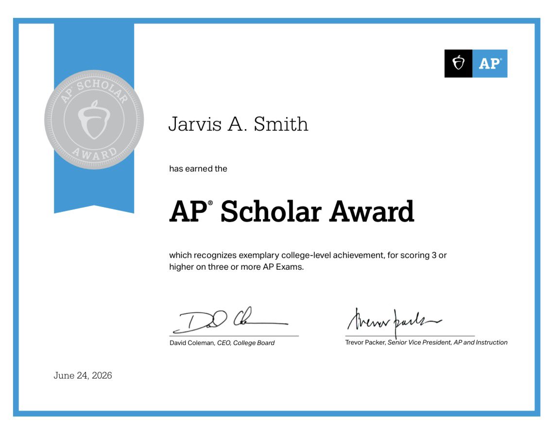 JujuSmith2027's tweet photo. Proud to earn AP Scholar recognition by @CollegeBoard https://t.co/X9O6D3anTx