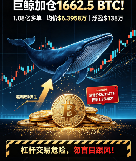 va7412's tweet photo. 🚀 巨鲸加仓1662.5 BTC！
1.08亿多单，均价$6.3958万，浮盈$138万。
💡 巨鲸押注短期反弹，但清算价$6.3142万仅剩1.3%缓冲！
⚠️ 风险：杠杆交易危险，勿盲目跟风！
#BTC #巨鲸 #加密货币 https://t.co/WZL5aKO2He