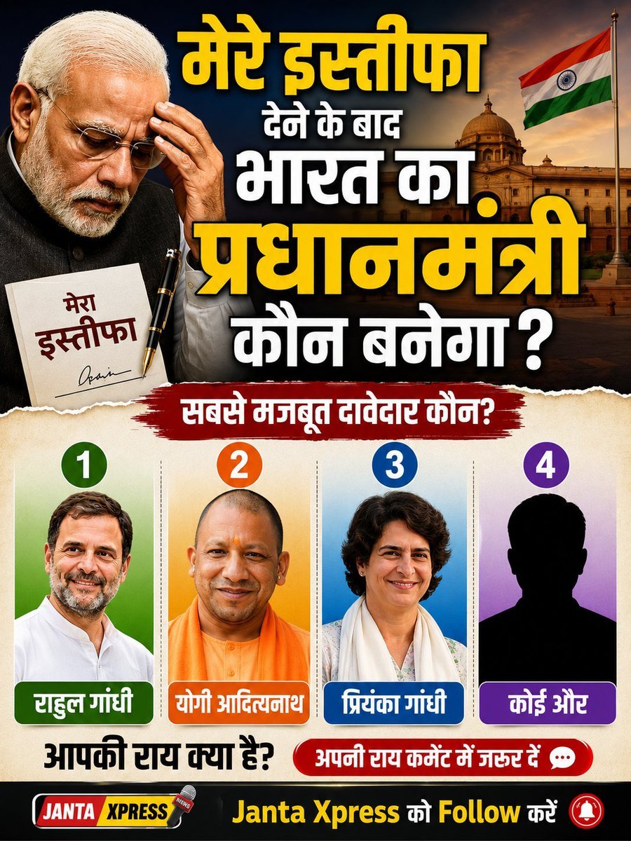 JantaXpressBR's tweet photo. 🇮🇳 बड़ा सवाल!
अगर प्रधानमंत्री नरेंद्र मोदी इस्तीफा देते हैं, तो आपके अनुसार भारत का अगला प्रधानमंत्री कौन होना चाहिए?
1️⃣ राहुल गांधी
2️⃣ योगी आदित्यनाथ
3️⃣ प्रियंका गांधी
4️⃣ कोई और (नाम बताइए)
🗳️ अपनी राय कमेंट में ज़रूर दें।
📢 Janta Xpress को Follow करें ऐसी ही राजनीतिक अपडेट्स के लिए।
#India #Politics #PM #NarendraModi #RahulGandhi #YogiAdityanath #PriyankaGandhi #JantaXpress