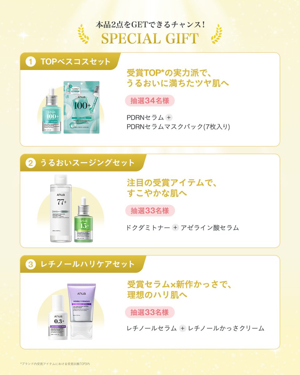 anua_official's tweet photo. \ ベスコス100冠受賞突破記念プレゼントキャンペーン開催🎉 /

この度、Anuaがベストコスメ累計100冠を達成いたしました！👑

日頃よりAnuaをご愛用いただいている皆様へ、
心より感謝申し上げます💗
感謝の気持ちを込めて、100冠達成記念のプレゼントキャンペーンを開催📢

XとIG合計で✨100名様✨に、
Anuaの人気アイテム現品2点セットをプレゼント🎁❣️

【プレゼント内容】
・[セット1] PDRNセラム30ml＋PDRNセラムマスクパック（7枚入り）：34名様
・[セット2]ドクダミトナー250ml＋アゼライン酸セラム30ml：33名様
・[セット3]レチノールセラム30ml＋レチノールかっさクリーム80ml：33名様

【応募方法】
① Anua公式Xアカウント（@anua_official）をフォロー
② この投稿に「いいね❤️」 ＋リポスト🔁
③ 欲しいセットの番号をコメントで投稿💬
④ 下記リンクにてフォームを提出したら応募完了！

応募フォーム👉https://t.co/8iS5CvQkUT

【応募期間】
7月20日（月）〜7月31日（金）

【当選発表】
当選された方に限り、8月4日（火）中に下記メールアドレスよりご連絡いたします。
【anua_event@anuashop.jp】

【注意事項】
※本イベントは、日本国内にお住まいの方のみご参加いただけます。予めご了承ください。

100冠突破の記念すべき瞬間をぜひシェアして、
✨🎉Anuaの100冠突破を一緒に盛り上げましょう！🎉✨

皆様のご参加を心よりお待ちしております。🥰

#Anua #アヌア #ベスコス #プレゼントキャンペーン #スキンケア