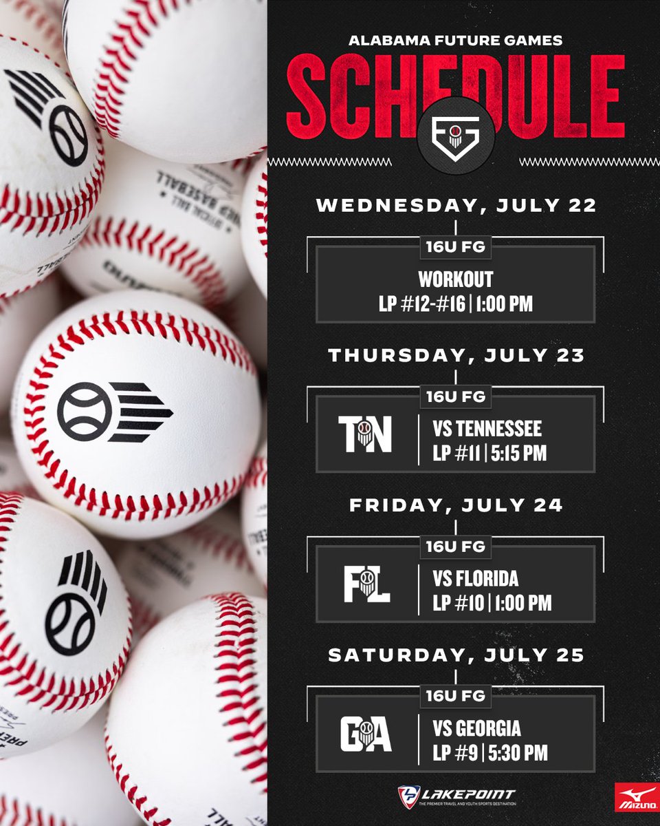 PrepBaseballAL's tweet photo. 𝐅𝐮𝐭𝐮𝐫𝐞 𝐆𝐚𝐦𝐞𝐬: 𝐓𝐞𝐚𝐦 𝐀𝐥𝐚𝐛𝐚𝐦𝐚 𝐒𝐜𝐡𝐞𝐝𝐮𝐥𝐞 📅

The biggest uncommitted event in the country is here. 🍿

Check out Team Alabama's full schedule and pitching rotation for the 2026 Future Games this week at LakePoint. 👇

#PBFG26 || @PrepBaseball https://t.co/9stsPooWkp