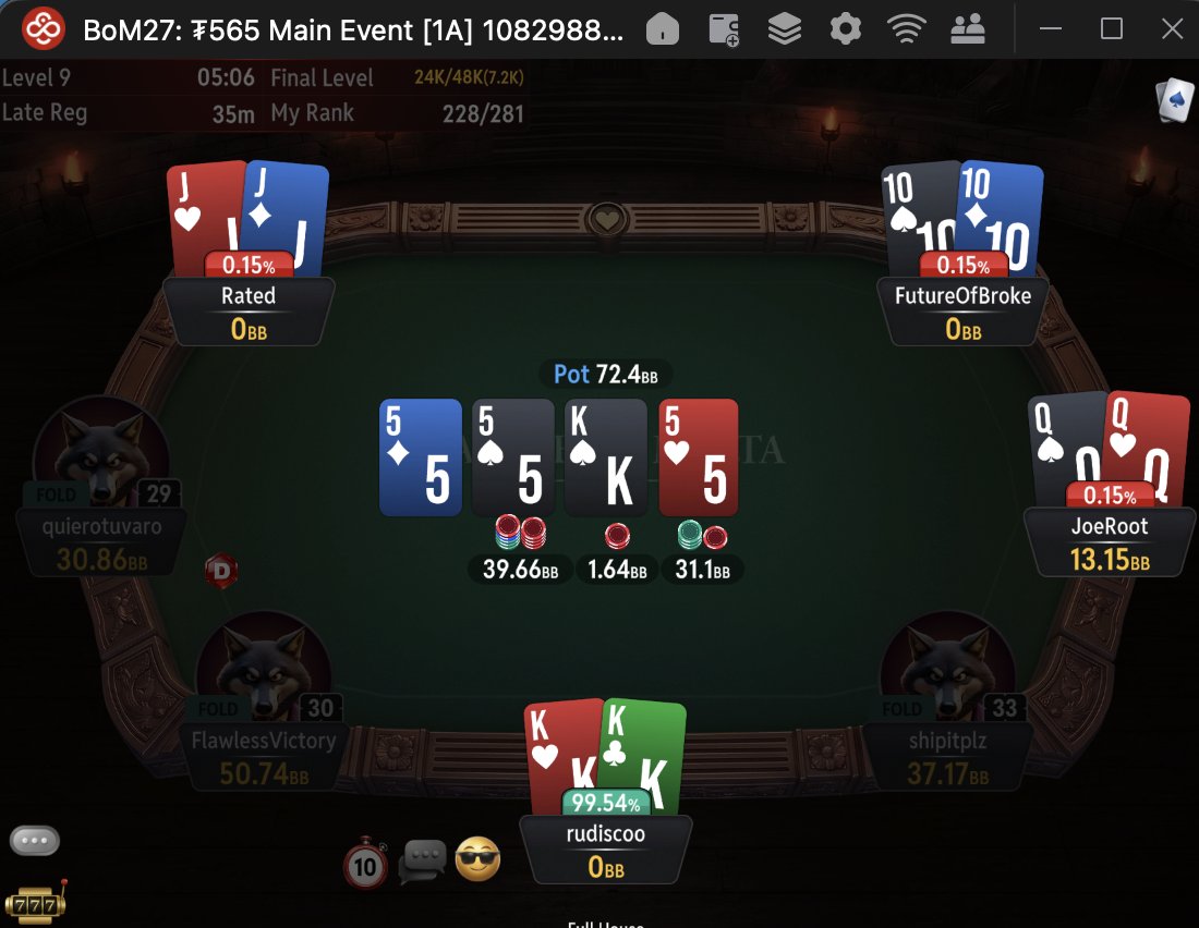 rudiscoo's tweet photo. Been a while since I've seen a setup like this - somehow we're even on the ride side of it this time. Everyone was all in preflop.🙏

@CoinPoker_OFF https://t.co/JTMkwJ56Ca