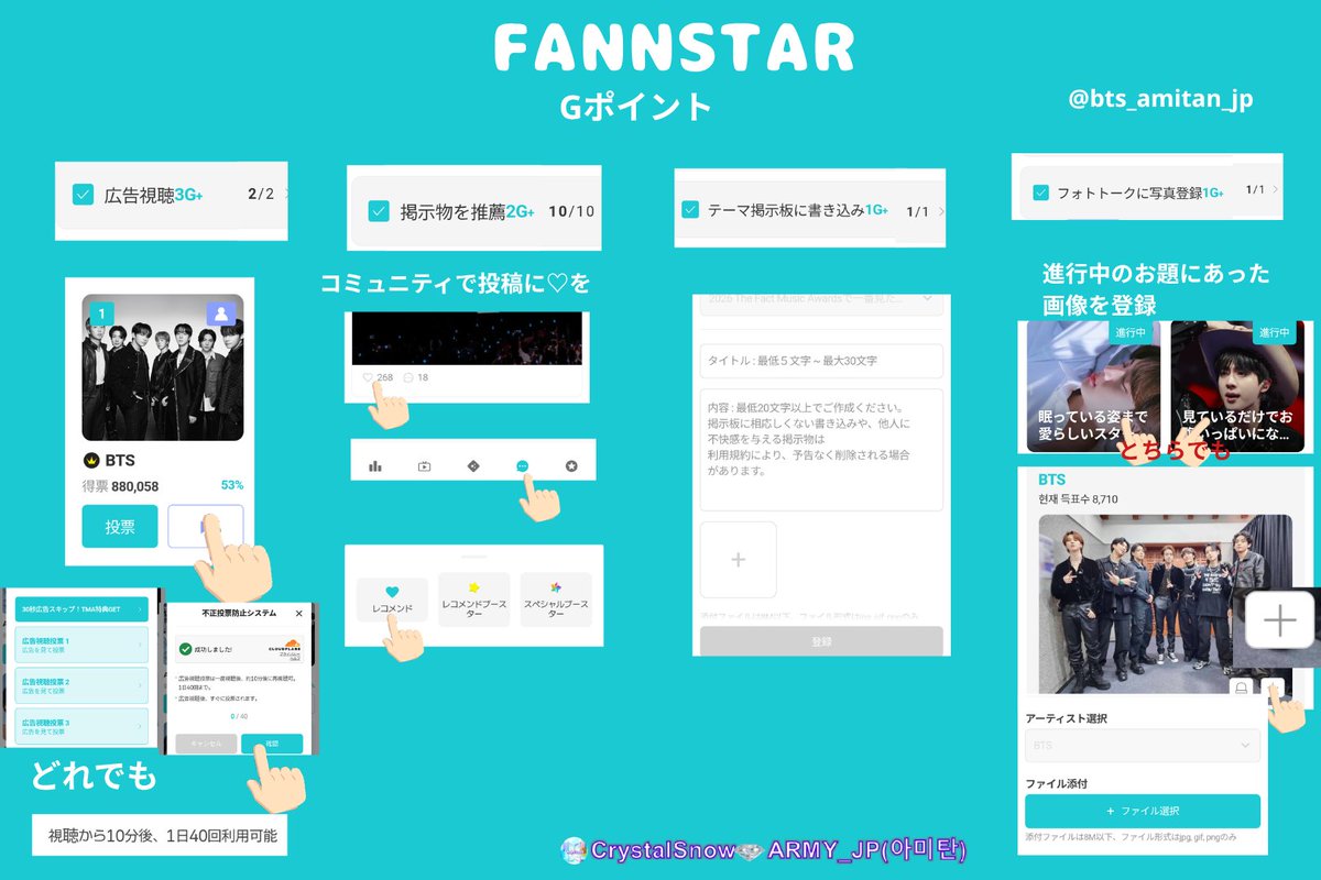 CrystalsnowJp's tweet photo. 🔹FANNSTAR🔹②
Gポイント集め
TMAの投票券支給枚数のや、ルーレットの回数アップのためにGポイントを貯め、レベルアップを！

Gポイント等級は授賞式後にリセットされます

ご質問は
@bts_amitan_jp へ https://t.co/qkWToVkzxC