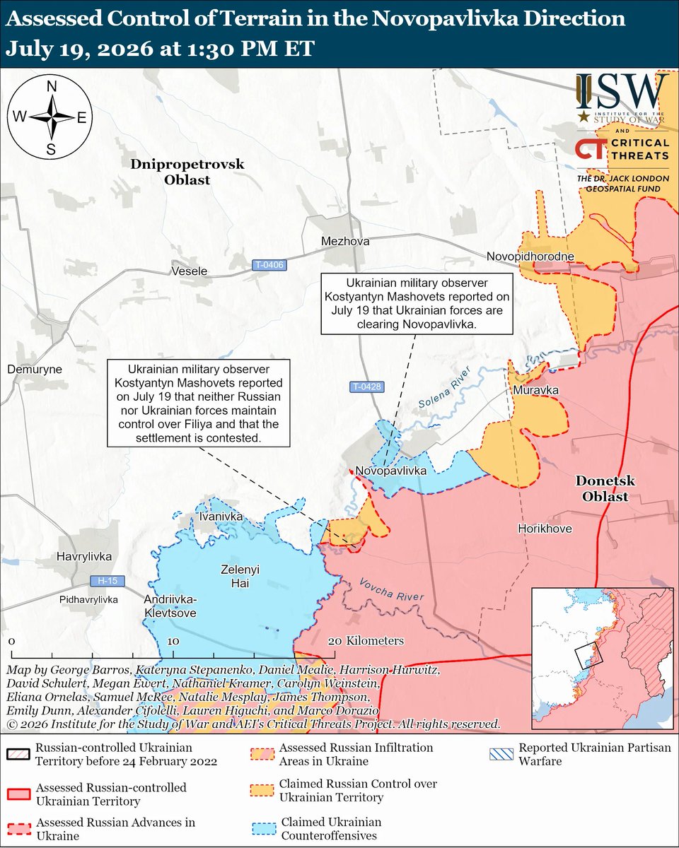 TheStudyofWar's tweet photo. Other Key Takeaways ⬇️
Russian forces conducted one of their largest ballistic missile strikes thus far in the war on the night of July 18 to 19, predominantly targeting Kyiv Oblast.
Russian forces have launched more ballistic missiles against Ukraine thus far in July than Russia reportedly produces each month.
Ukrainian forces continued their strike campaign against Russian vessels in the Black Sea as part of the ongoing effort to deny Russia’s ability to sustain logistics and transport fuel to occupied Crimea and to isolate the peninsula.
Ukrainian President Volodymyr Zelensky continues to meet with senior Ukrainian military commanders.