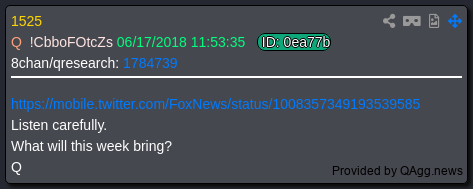 7thDean's tweet photo. Dan may have just given us a hint that we are in "THE FINAL" countdown....🔥🙏

Dan Scavino's post is a ":03" second video of Marine One with President Trump aboard flying over MetLife Stadium where the banner says "THE FINAL" and has a timestamp of 3:25 PM EST

Q 3
Open your eyes.
It finally came out that Rod/Bob were key players in the Uranium scandal. 
Don’t you think POTUS would be tweeting about removal given clear conflict. 
Why did POTUS meet Bob under the cover of FBI Dir interview?
Bob is unable to serve as Dir per the law.
Gowdy comments on Comey (history will ....)
POTUS has everything.
Not everyone is corrupt (fewer than you think).
Follow Huma.
Operation Mockingbird.
Priority to clean out the bad actors to unite people behind the America First agenda.
Many in our govt worship Satan.
Not about Republicans v Democrats at this stage.
Where is HRC?
Why is the NG called up across 12 cities?
Trust in your President.👈
God bless, Patriots.👈

Q 1525
https://t.co/D1QAvXUBDs
Listen carefully.
What will this week bring?👈
Q

Q 325
Blunt & Direct Time.
Adam Schiff is a traitor to our country.
Leaker.
NAT SEC.👈on elections🙏
EVIL.👈
Tick Tock.👈 THE FINAL countdown.⌛🔥
Hope the $7.8mm was worth it.
Enjoy the show.👈
Q

The comm: We are in THE FINAL countdown, Trust in your Pesident, God bless, Patriots..
What will this week bring? National security emergency on elections, EVIL's time is running out, Tick Tock, Enjoy the show..🔥🔥🙏🍿