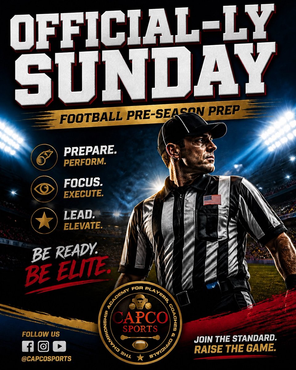 CAPCOsports's tweet photo. OFFICIAL-LY SUNDAY 🏈
Football officials: Prep starts now.
🧠 Study NFHS rules.
🏃 Sprints &amp; conditioning.
📋 Communication is key.
Train. Lead. Officiate. Compete.

#OFFICIALLYSUNDAY #CAPCOSports #Football #Officials https://t.co/RoqkrZgOT8