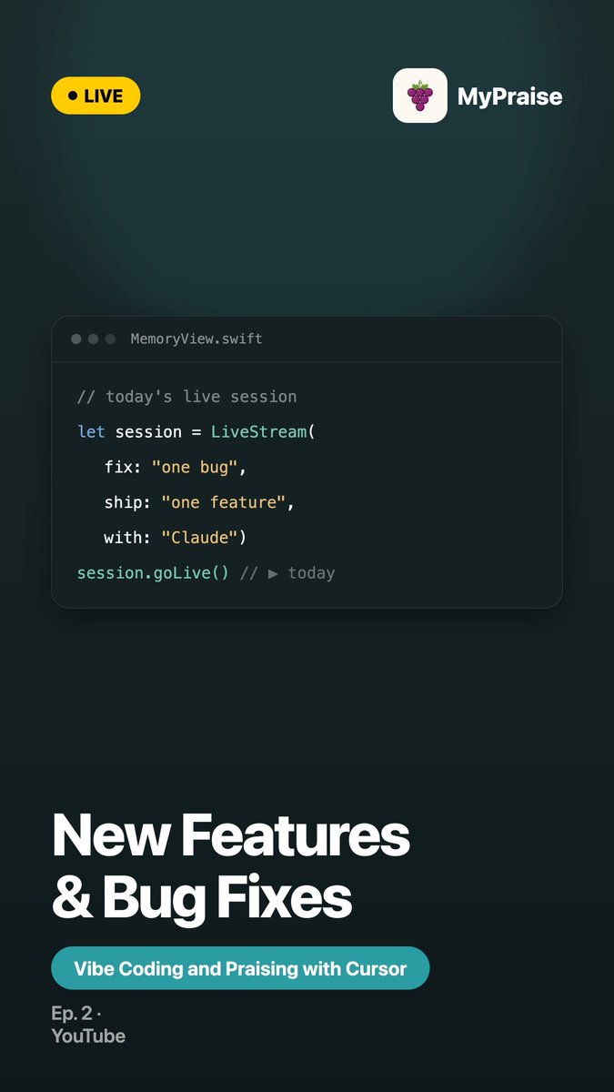 MyPraiseApp's tweet photo. Going live in 30 minutes! Watch me vibe code with Claude AI as I fix a bug and ship a new helpful tips feature in MyPraise App. Real AI-assisted development, real updates. Watch live on YouTube!

https://t.co/qPAtQHrwsp 

#programming #coding #developer #iOSDev #SwiftUI #AI https://t.co/AVP1j6eObI