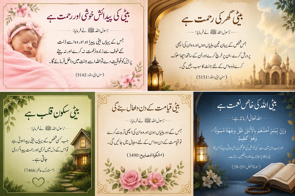 GraphTive's tweet photo. # 🌸 بیٹی کی آمد — رحمتِ الٰہی 🌸

**"بیٹی کی پیدائش غم نہیں، بلکہ اللہ تعالیٰ کی عظیم رحمت اور انعام ہے۔"**

**اللہ تعالیٰ فرماتے ہیں:**

﴿ **يَهَبُ لِمَن يَشَاءُ إِنَاثًا وَيَهَبُ لِمَن يَشَاءُ الذُّكُورَ** ﴾

**"اللہ جسے چاہتا ہے بیٹیاں عطا فرماتا ہے https://t.co/5Cj2MWLuMW