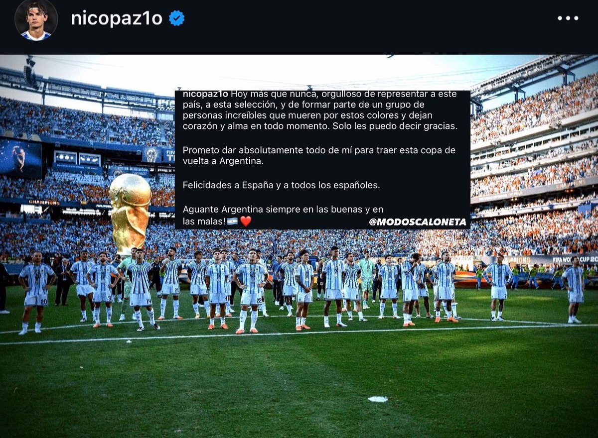 MessiXtraHQ's tweet photo. 🚨📲 Nico Paz via IG: 

“I promise to give absolutely everything of myself to bring this cup back to Argentina. Go Argentina always, through the good times and the bad” https://t.co/HMdslaswFW