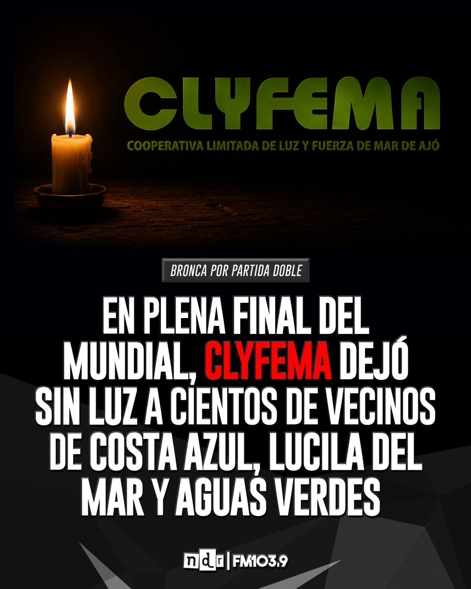 NdRradio's tweet photo. 🤬 BRONCA POR PARTIDA DOBLE / ❌💡 #CLyFEMA LOS DEJÓ SIN LUZ EN PLENA FINAL DEL MUNDIAL
Esta tarde, vecinos de Costa Azul, Lucila del Mar, Aguas Verdes expresaron su repudio por el corte en el servicio que les impidió ver casi 30 minutos del segundo tiempo de Argentina - España. https://t.co/dcMog8pKI8