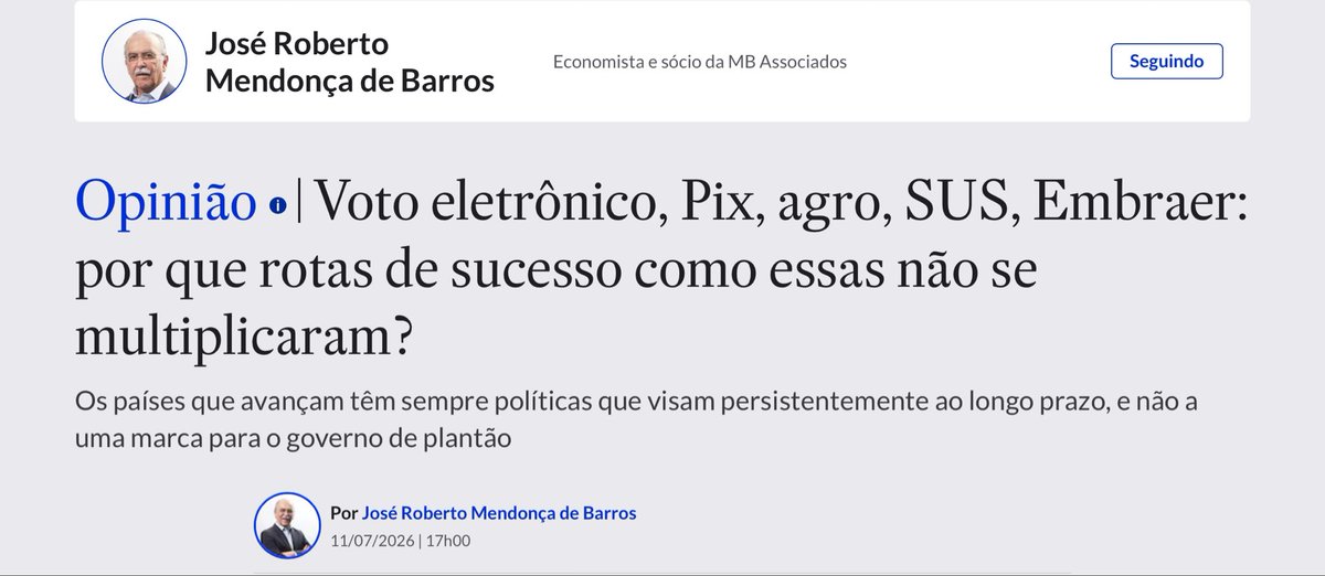 THIAGOSALOMAO's tweet photo. JOSÉ ROBERTO MENDONÇA DE BARROS, sobre o Brasil não ter conseguido manter o sucesso do começo do século - nem na economia, nem no futebol:

“Nem o hexa, nem o crescimento vieram. E assim continuará até que aprendamos a construir um jogo de longo prazo. ‘O que nos faltou foi aceitar que talento sem processo produz lampejo, não legado’. 

E isso muitos atletas e países já sabem há um bocado de tempo. Só avança e ganha quem cultiva os fundamentos, alavancando os talentos e as vantagens comparativas, muitas vezes construídas a partir de uma base mais limitada. 

A medalha de ouro foi para Rebeca Andrade, mas não a Copa para Neymar.”

(…)

“Considere-se a seguinte lista: Sistema eletrônico de votação; Tecnologia bancária digital, anterior e base do Pix; Sistema Universal de Saúde (SUS); Bolsa Família; Tecnologia de exploração de petróleo em águas profundas — Petrobras; Décadas de crescimento persistente da produtividade agrícola; Certas empresas como Embraer e Weg. 

Esta pequena lista mostra casos de sucesso, frutos de projetos de longo prazo cuidadosamente desenvolvidos, muitos dos quais (mas não todos, como o Bolsa Família) mantidos atualizados pelo constante enfrentamento de novos desafios que sempre surgem ao longo do tempo. 

A pergunta que se coloca é por que rotas bem-sucedidas como essas não se multiplicaram a ponto de transformar em sucesso o crescimento agregado do País, como já mencionado”.