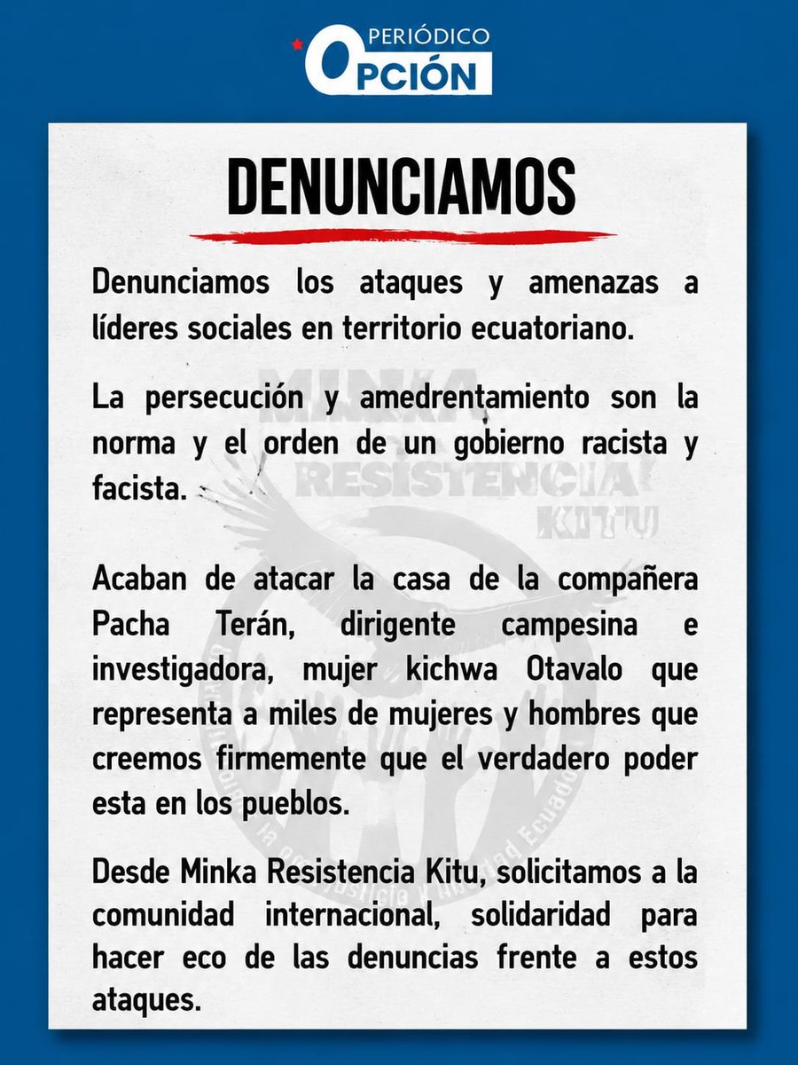 PeriodicOpcion's tweet photo. Denuncian el ataque a la casa de Pacha Terán lideresa indígena y ex candidata a la vicepresidencia. Así también amenazas a líderes sociales. https://t.co/BtkTCsVzOk