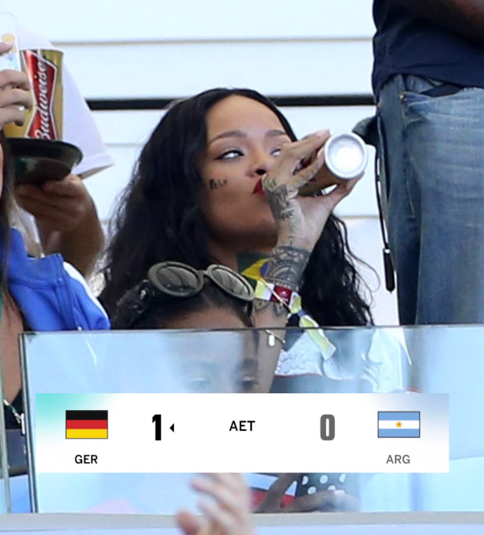 antoniotabet's tweet photo. As únicas duas vezes em que @rihanna esteve presente em finais de Copas do Mundo, a Argentina perdeu. Rainha! https://t.co/pLvMfoROT5