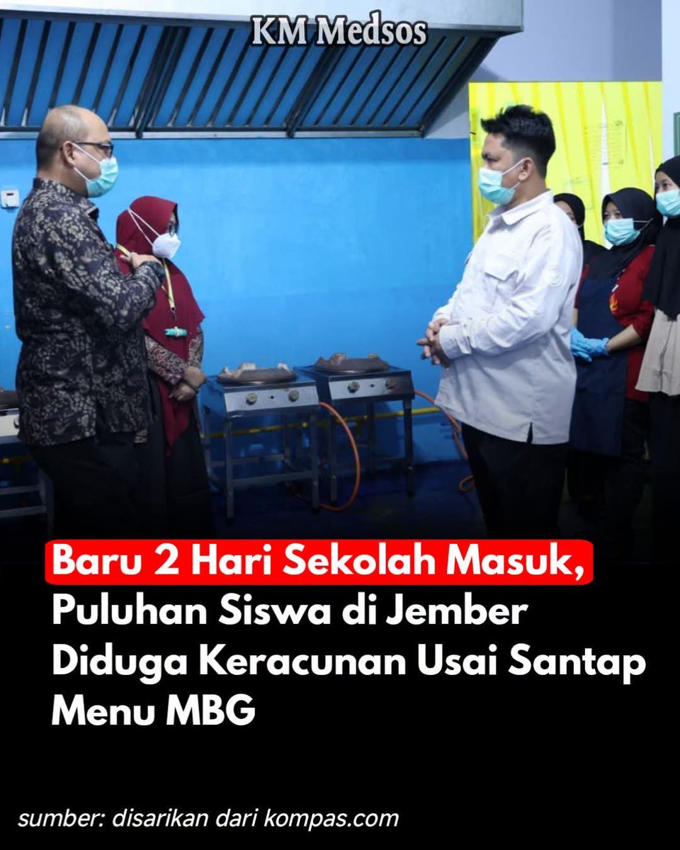 AlwiHusin's tweet photo. Baru 2 Hari Sekolah Masuk, 👇

Program Makan Bergizi Gratis (MBG)
di Kabupaten Jember diwarnai dugaan
keracunan makanan.
Sebanyak 29 siswa TK dan MI
di Kecamatan Bangsalsari
dilaporkan mengalami gejala seperti
mual, muntah, pusing, dan sakit perut
setelah mengonsumsi makanan MBG. https://t.co/ZgUsCnI3jn
