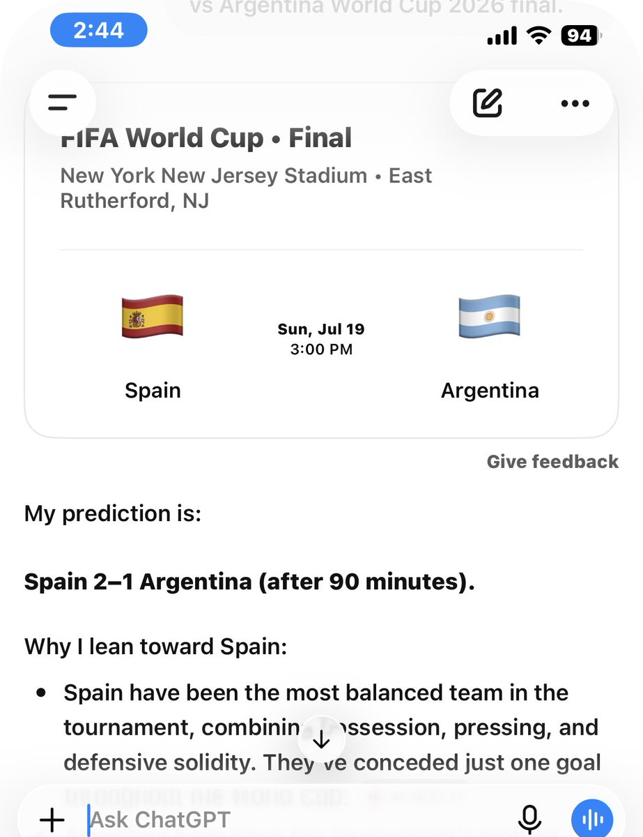 EpisodeKelly's tweet photo. @YulEdochie ChatGPT predicted a 2-1 win for Spain when I asked for its prediction 3 days ago https://t.co/XSRJRtVgkx