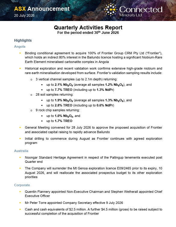 Connected_Min's tweet photo. During the June quarter, $CML signed a binding agreement to acquire an indirect 80% interest in the Bailundo Carbonatite Project in Angola, a significant #niobium &amp; #REE project.

Read quarterly report: https://t.co/XsgRBUoA69 https://t.co/SYtcDzbfLy