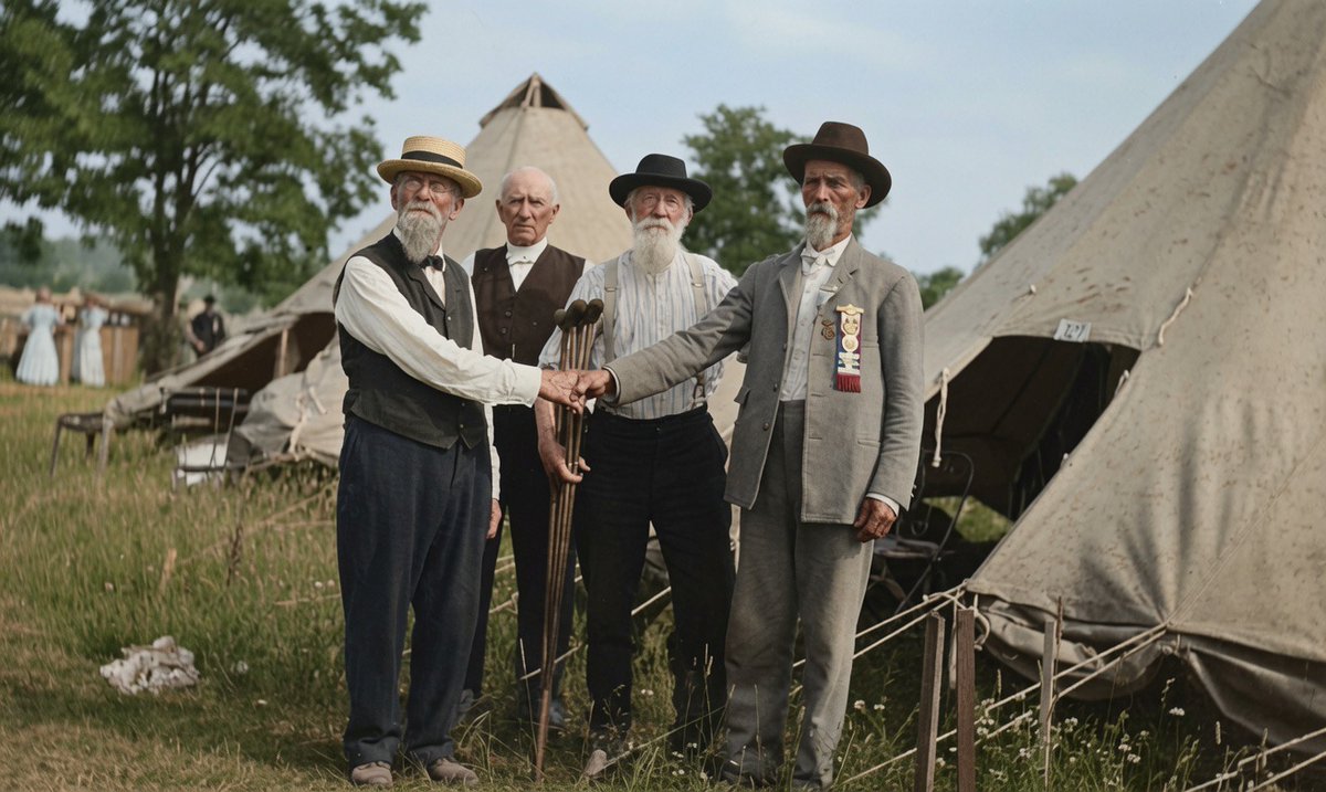 BarnabyHistory's tweet photo. 🇺🇸 The 1913 Gettysburg 50th Reunion ended in the most beautiful way.

When almost everyone had left the encampment, a few veterans from each side stayed behind. They were from the Signal Corps.

They went out to the battlefield with their ‘talking flags’ and set up two ‘wigwag’ communication stations.

One station was Union, on Little Round Top, and the other Confederate, on Seminary Ridge, about 2 miles away.

Then, across the empty battlefield, they started talking to each other.

First from Little Round Top, veteran Sgt. Charles Dewitt Marcy, of Boston, MA, wigwagged out Gen. Grant's words: “Let us have peace.”

It brought cheers from those veterans present.

On Seminary Ridge, veteran Lt. George C. Round, of Manassas, VA, responded with Gen. Lee’s declaration of “Duty, the sublimest word in our language.”

Little Round Top responded back with “Peace on Earth, Goodwill to Men.”

Seminary Ridge sent back “Glory to God in the Highest.”

Little Round Top responded with “America! All hail to Thee! Thanks be to God, who made us free!”

And in a fitting end to the grandest reunion of them all, in a final message between Union and Confederate lines, Seminary Ridge ended it with “North, South, East, and West, hand clasped in hand, United, we the children stand.”

Enemies no longer. Brothers at last.