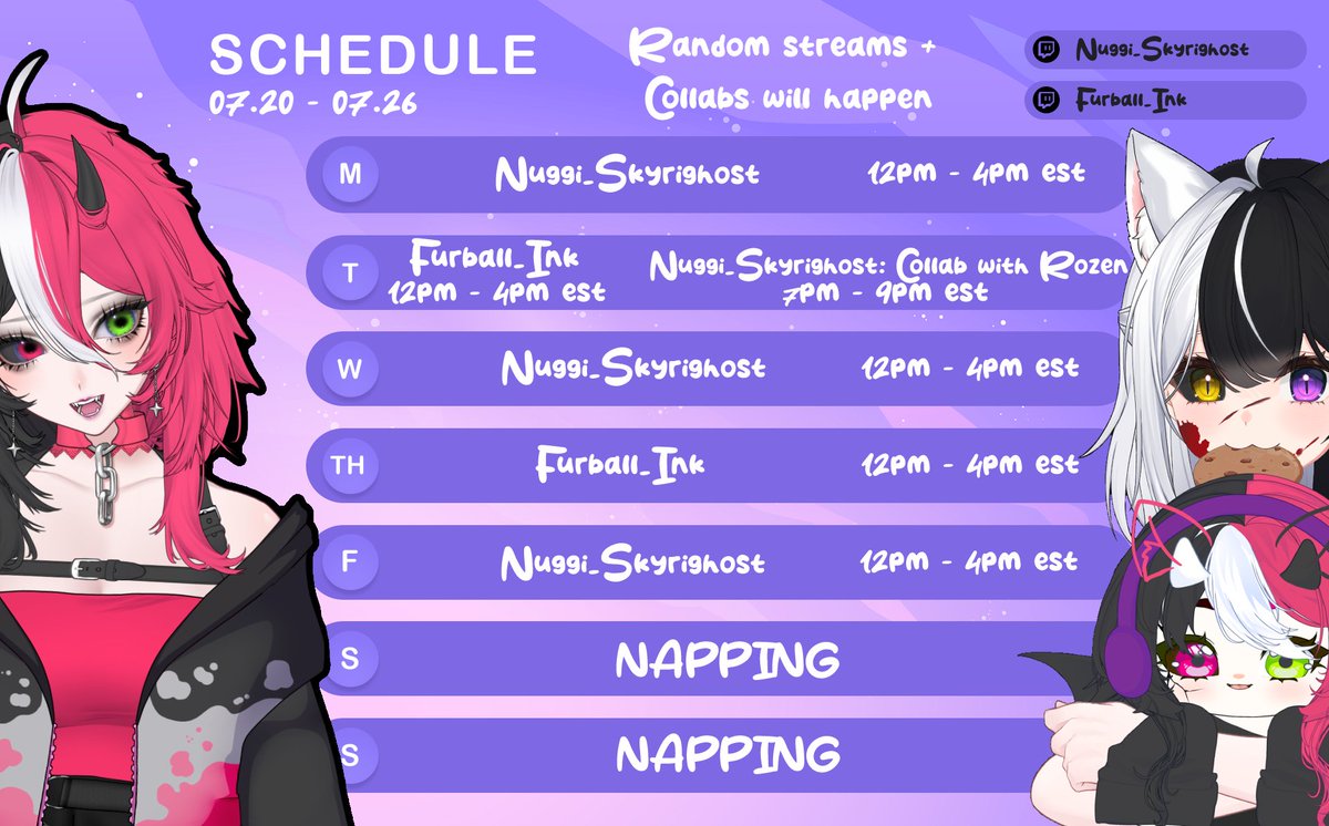 SkyriGhost's tweet photo. Weekly Schedule!

No more daily updates for streams on here but here is a weekly schedule so you know when i should be streaming. Also see current updates in my discord server 😊❤️

Template @/nonamee_g https://t.co/0N5LAoSJOw