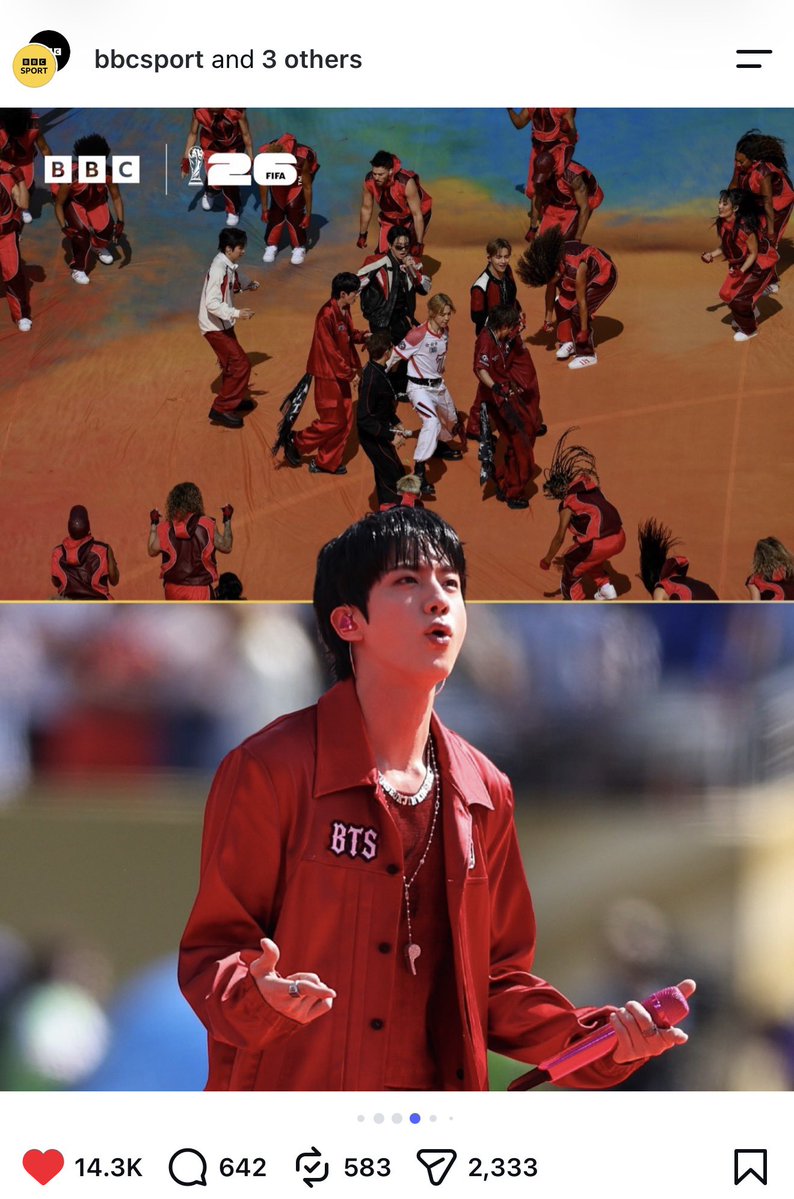 seokjinism1's tweet photo. JIN is the Main Character as usual. BBC sport chose such a big photo of him while highlighting BTS performance in World Cup halftime show 

This post is in collaboration with BBC, 5livesport, BBC football and BBC football 

JIN AT FIFA WORLD CUP
BTS AT WORLD CUP 2026
#BTSxWORLDCUP2026 
#BTSHALFTIMESHOW