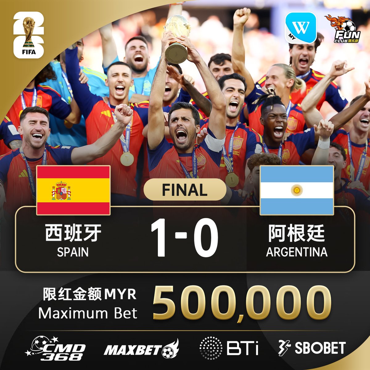 WinboxGroup's tweet photo. 🇪🇸🏆 西班牙1比0击败阿根廷！

⚽ 费兰·托雷斯加时赛一剑封喉，西班牙力克卫冕冠军，队史第二次夺得世界杯冠军！

👑 2026 FIFA世界杯冠军诞生！

#FIFAWorldCup2026 #WorldCup2026 #SpainVsArgentina #世界杯2026 #西班牙 #世界杯冠军 #FunClubFootball https://t.co/zeI5jN56J7