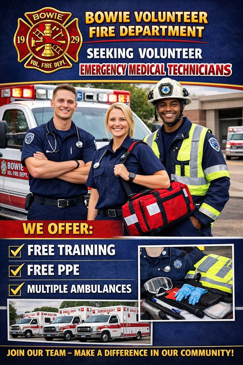 BowieVFD's tweet photo. We are always welcoming new Volunteers to serve as Emergency Medical Technicians. The Bowie VFD provides free National Registry EMT certification training with in station mentoring. Learn more at https://t.co/wVtSrQNpAw https://t.co/4GXXDPrOL2