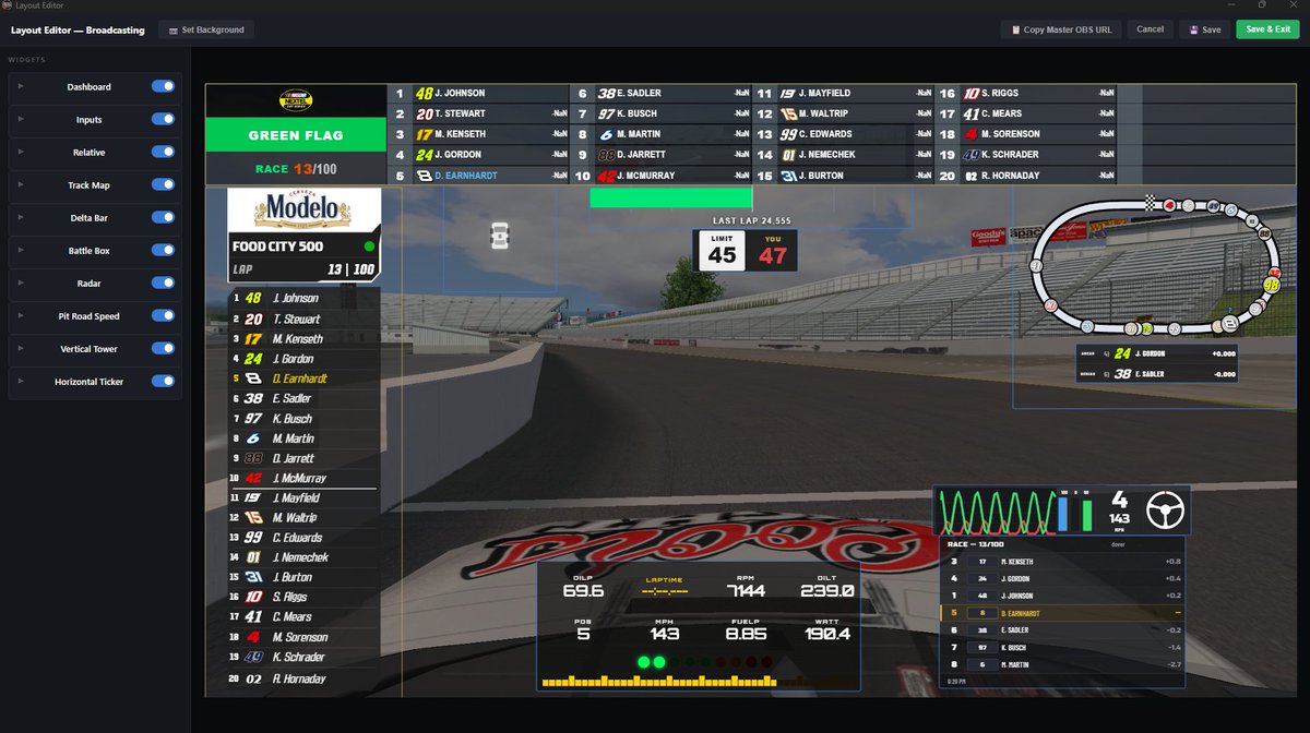 SteelHorseLive's tweet photo. Project SteelFire Overlays for NR2003 v0.9.6 release!

Key changes: CW Overlay, Fox 2022-2025 overlay, Pit Road Speed widget, improved live timing algorithm.  

Please read the readme as there are some fundamental changes with the scoring towers!

https://t.co/tPedFP2Ox1 https://t.co/lNs6GlTfK5