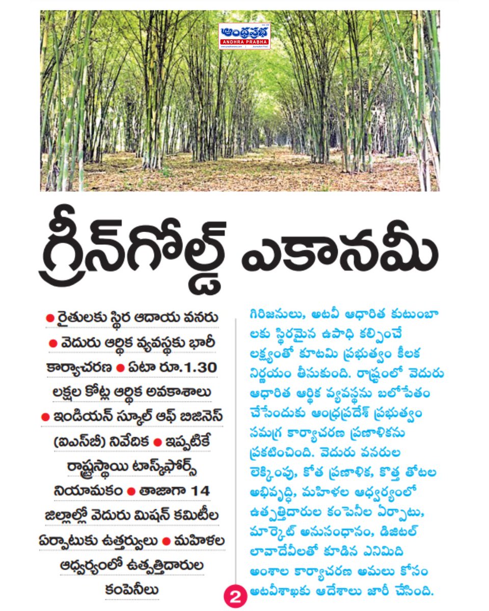 andhraprabha_'s tweet photo. https://t.co/0uZjbdvc4C | ఆంధ్రప్రభ
గ్రీన్గోల్డ్ ఎకానమీపై ఏపీ ప్రభుత్వం కార్యాచరణ.. వెదురు ఆధారిత ఆర్థిక వ్యవస్థతో రైతులు, గిరిజనులకు స్థిర ఆదాయ లక్ష్యం#AndhraPradesh #GreenGoldEconomy #BambooEconomy #BambooMission #Farmers #FarmerIncome #TribalDevelopment #ForestEconomy #SustainableDevelopment #RuralDevelopment #WomenEmpowerment #ProducerCompanies #DigitalTransactions #MarketLinkage #BambooPlantation #ForestDepartment #APGovernment #AgriEconomy #EcoDevelopment #GreenGrowth
@APEnvFor