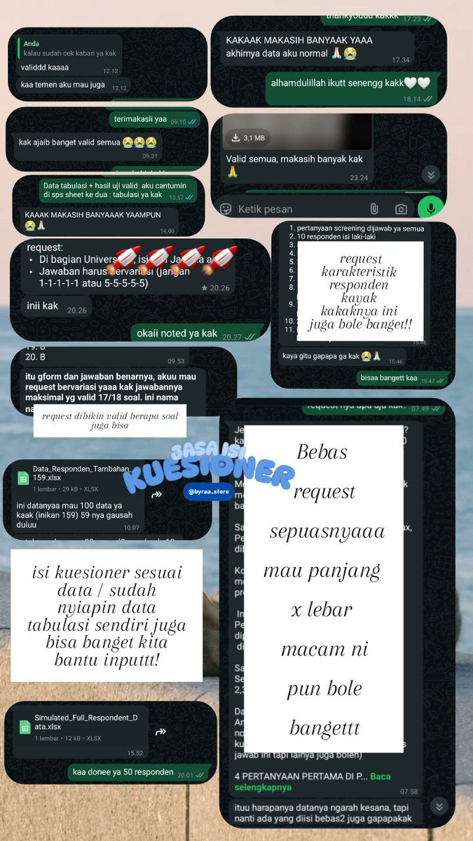 whitedswan's tweet photo. Order atau tanya-tanya, bisa langsung ke whatsapp @byraa_store !

✅ Olah data SPSS/SmartPLS/jamovi
✅ Memperbaiki data hingga lolos uji / hipotesis
✅ Uji coba instrumen (validitas &amp; reliabilitas)

https://t.co/Zu6RkPbS1r

#jasaisikuesioner #zonauang satu https://t.co/eoOZjpKVeG