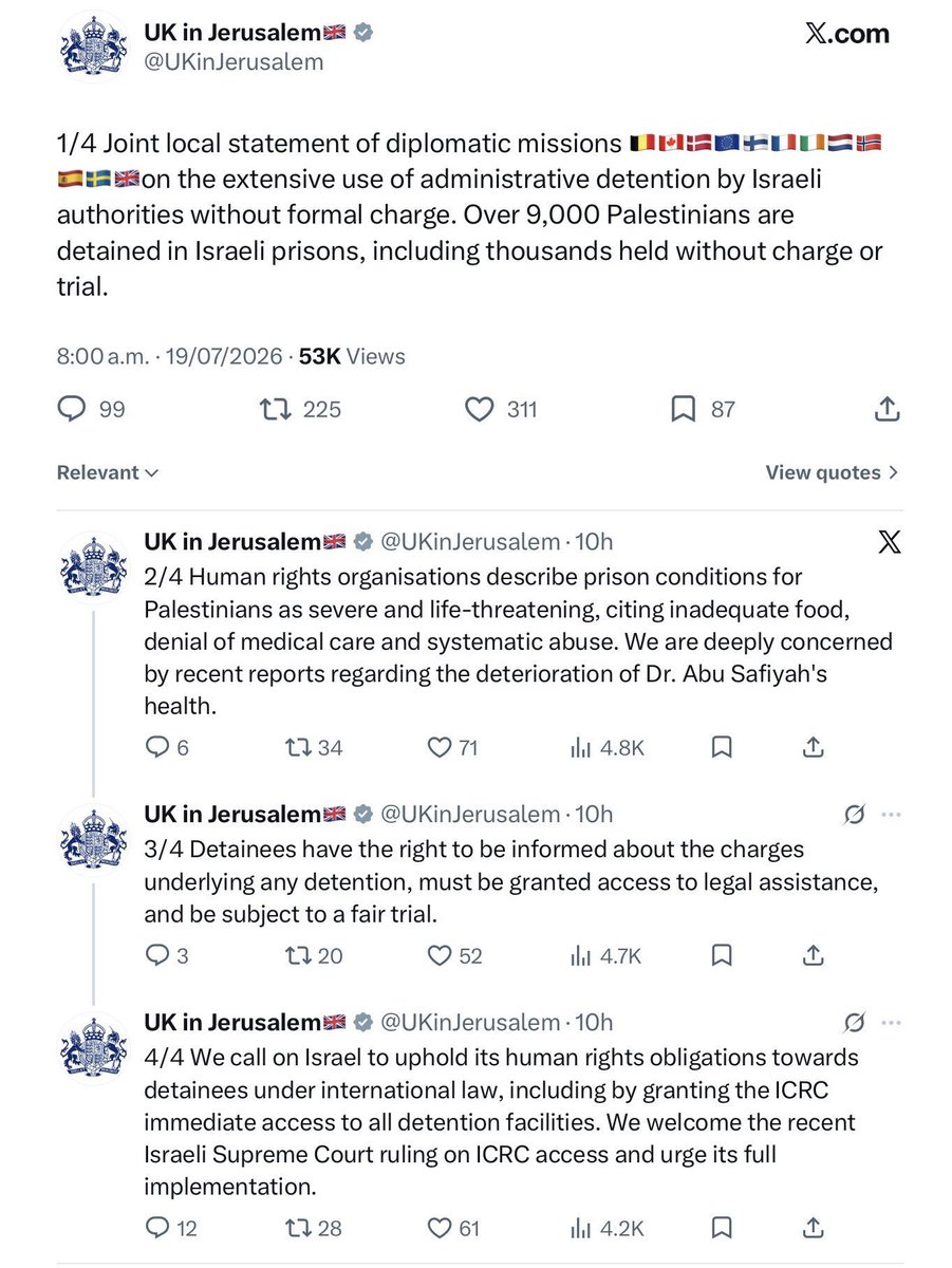 MarkKersten's tweet photo. The UK diplomatic account in Israel @UKinJerusalem was suspended after posting a joint statement from Western states condemning the torturous &amp; life-threatening conditions faced by Palestinians in Israeli "administrative detention"👇 https://t.co/ipdhJEX227
