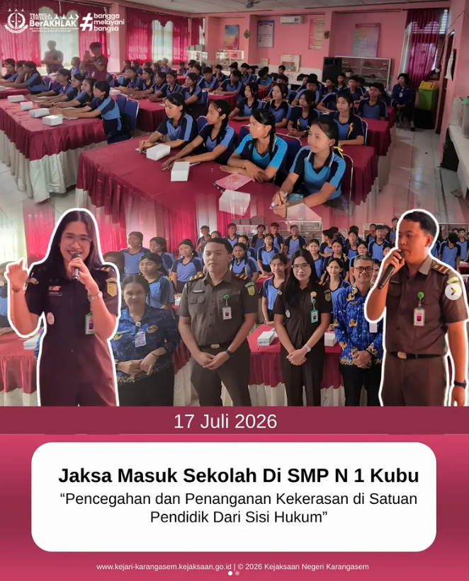 knkarangasem's tweet photo. Kejaksaan Negeri Karangasem kembali melaksanakan kegiatan Jaksa Masuk Sekolah (JMS) di SMP Negeri 1 Kubu. Kegiatan ini menghadirkan Kepala Sub Seksi II Intelijen Kejaksaan Negeri Karangasem, Septi Rahayu, S.H., bersama Calon Jaksa Bastian Wirawan, S.H. sebagai narasumber. https://t.co/HasyHdacb3