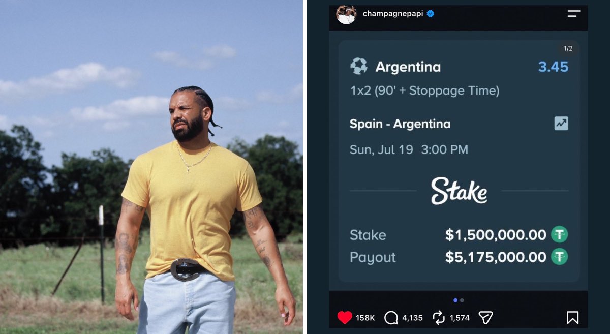 Kingremkay's tweet photo. Drake’s bet of 1.5m on stake ruined Argentina even Messi couldn’t escape the drake Curse 😹😭… https://t.co/9f4WO5aiX4