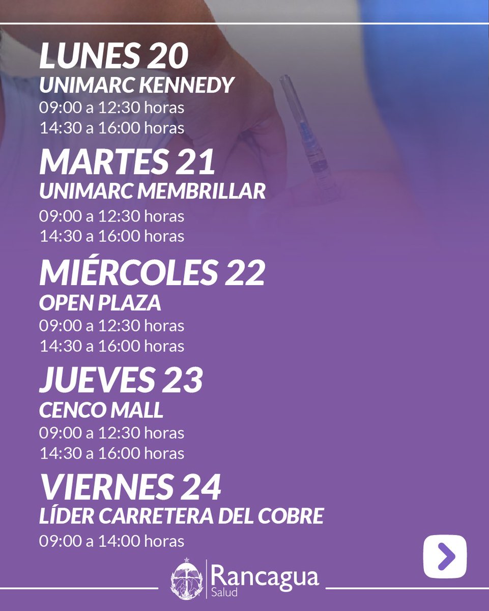 Cormun_Rancagua's tweet photo. ¡Atención, vecinos de Rancagua! 💉 El Vacunatorio Móvil continúa su recorrido por la comuna entre el lunes 20 y el viernes 24 de julio para administrar las dosis contra la Influenza y Pneumo 23. https://t.co/9qvRjmCBYn
