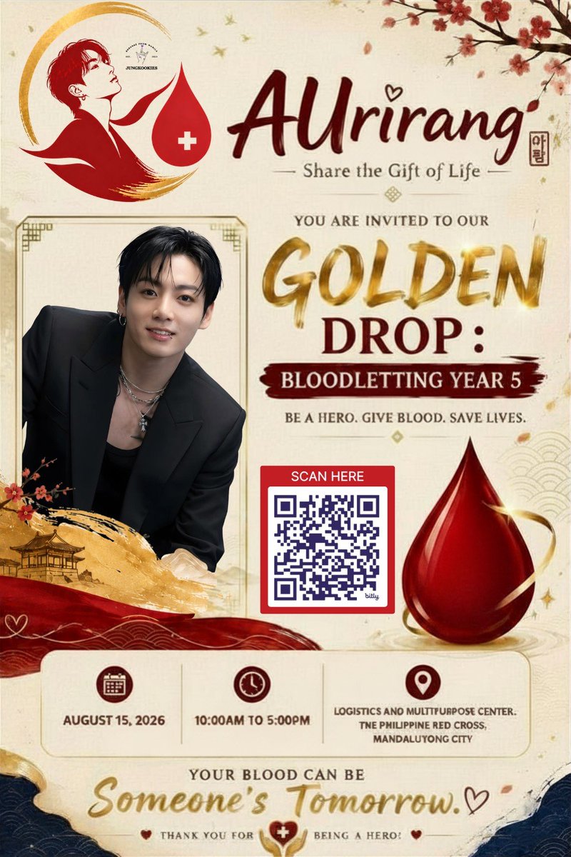 bfm_jungkookies's tweet photo. The wait is over! ♥️

Kookie Season 2026 presents: 

Golden Drop: Bloodletting Year 5 

AUrirang: Share the Gift of Life

BFM Jungkookies, in partnership with the Philippine Red Cross, invites you to become a blood donor. 

Join us—register here: https://t.co/p8X2xfSfsE https://t.co/krLCI68u07