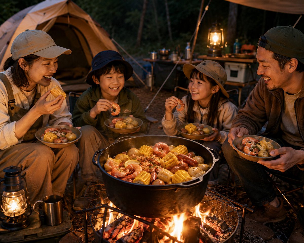 cornman_Japan's tweet photo. スイートコーンで楽しむキャンプ飯いかが？

ルイジアナのケイジャン風！

残ったスープにご飯を入れてチーズリゾット
パスタを入れてスープパスタ
フランスパンを浸してガーリックスープ風

最後まで無駄なく楽しめます。 https://t.co/IoE1aORLNw